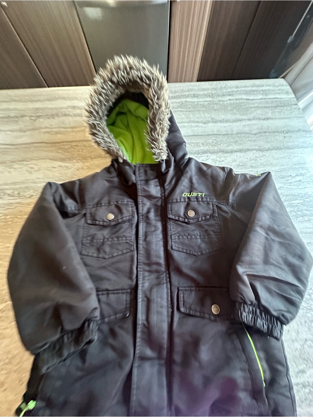 Kids Black Winter Parka with Lime Lining and Faux Fur Hood size 6